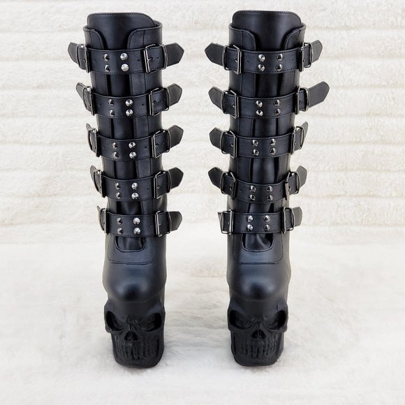 Skull & Bones Platform 8" Heel Mid Calf Boots Multiple Straps Vortex - Picture 2 of 16